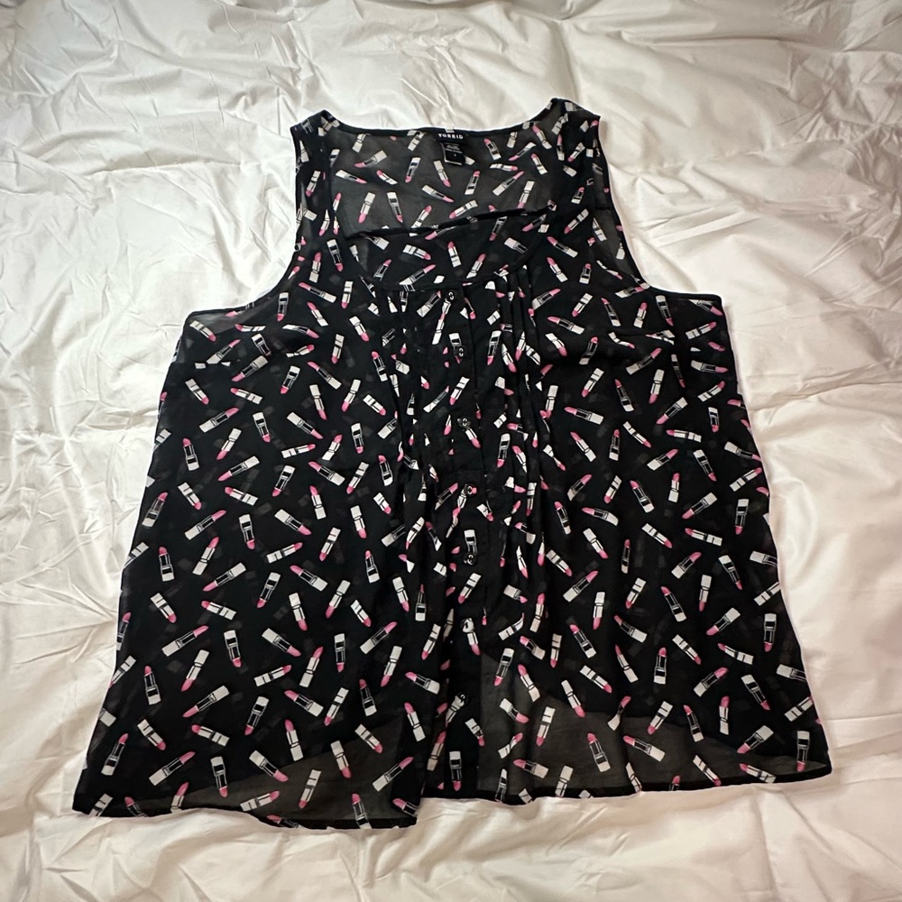 Black Sheer Tank Top with Lipstick Print